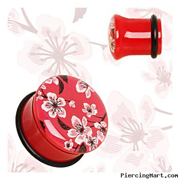 Pair Of Red Acrylic Oriental Flower Blossom Single Flare Plugs