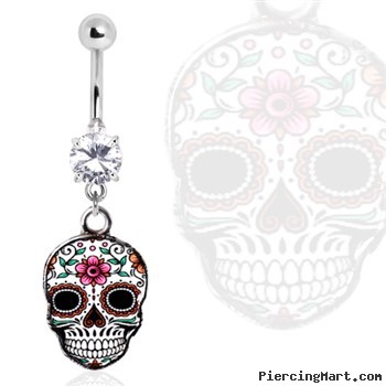 Surgical Steel Gemmed Navel Ring Sugar Skull Dangle