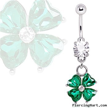 Surgical Steel Navel Ring with Four Leaf Clover Dangle