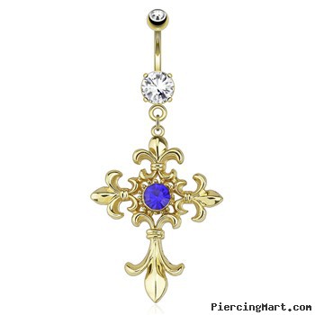 Fleur De Lis Cross with Centered Blue Gem Dangle Gold Tone Navel Ring