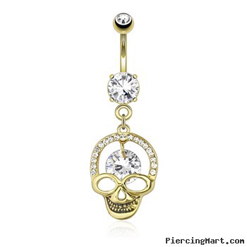 Hollowed Skull with Gem Paved Cranium Edge And Hanging Large CZ Dangle Gold Tone Navel Ring