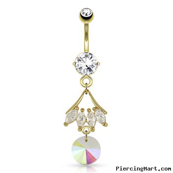 Leaf with CZ And Round Prism Dangle Gold Tone Navel Ring