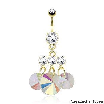 Three Small CZ with Attached Round Prisms Dangle Gold Tone Navel Ring
