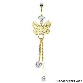 Butterfly Wings Overlapped And CZ Attached To Chain String Dangle Gold Tone Navel Ring