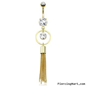 Large Round CZ Encircled By Round Ring with Extending Multi Chain Strings Dangle Gold Tone Navel Rin