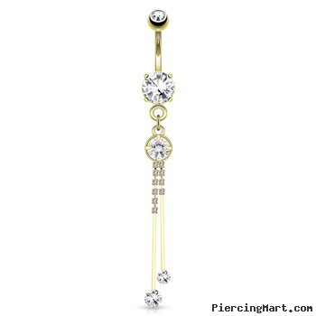 Large Round CZ with Two Extending Strings Of Square Gems Dangle Gold Tone Navel Ring