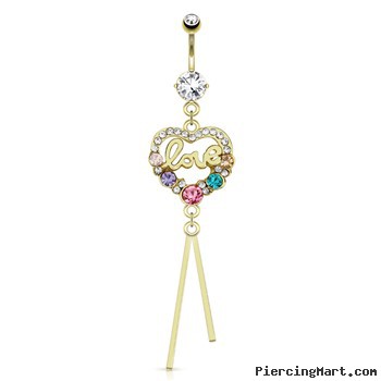 Heart Paved Gems with Multi Colored Gems And Word "Love" Dangle Gold Tone Navel Ring