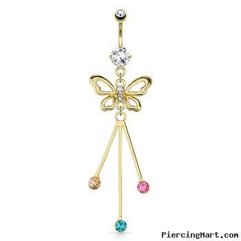 Gemmed Butterfly with Protruding Colored Gems Dangle Gold Tone Navel Ring