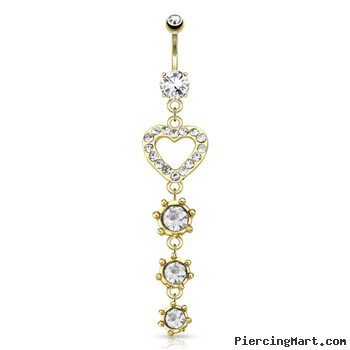 CZ Paved Heart with String Of Circular CZ Dangle Gold Tone Navel Ring