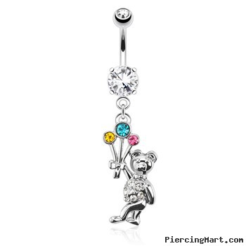 Flying Bear with Multi Color Gemmed Balloons Surgical Steel Dangle Navel Ring