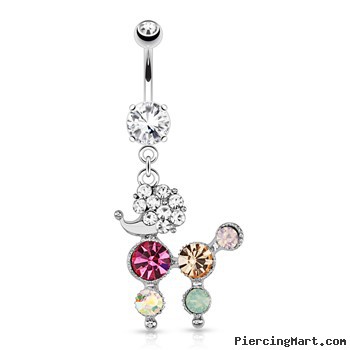 Poodle with Multi Colored Gems Dangle Surgical Steel Navel Ring