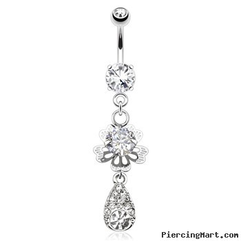 Flower with Solitaire CZ And Paved Gemmed Tear Drop Mini Dangle Surgical Steel Navel Ring