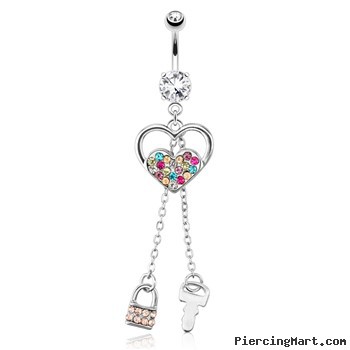 Heart with Multi Color Paved Gems And Chain Lock And Key Dangle Surgical Steel Navel Ring