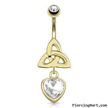 Celtic Knot with Single Clear Gem Heart Dangle Gold Tone Navel Ring