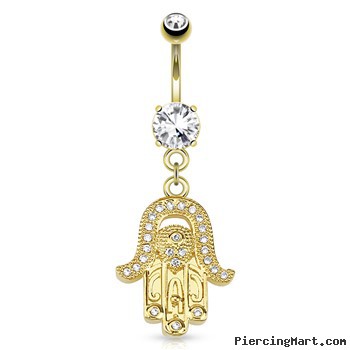 Hamsa Gem Paved Dangle Gold Tone Navel Ring