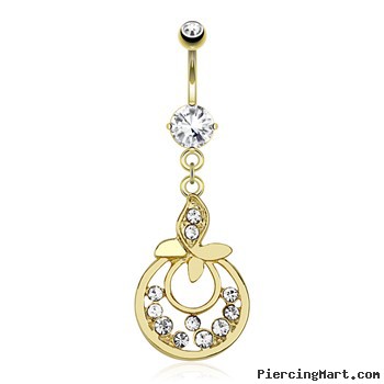 Leaf with Gems And Attached Hoops Between with Multiple CZ Dangle Gold Tone Navel Ring