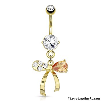 Ribbon with Clear And Topaz-Colored Gems Dangle Gold Tone Navel Ring