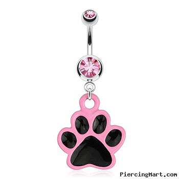 Paw with Black Enamel Plating And Pink Outline Dangle Surgical Steel Navel Ring