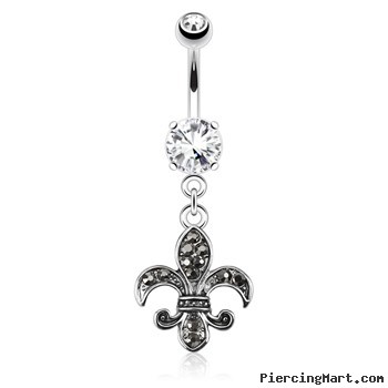 Fleur De Lis Paved with CZ Dangle Surgical Steel Navel Ring