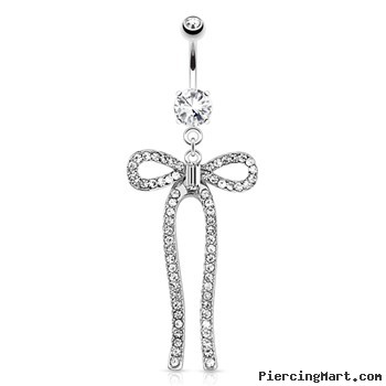 Ribbon with Paved Gems And Princess Cut Center Gem Surgical Steel Navel Ring