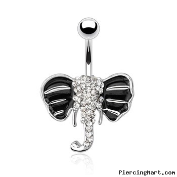 Elephant with Paved Gems And Black Enamel Plated Ears Surgical Steel Navel Ring