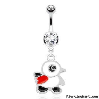 Penguin with Red Scarf Dangle Surgical Steel Navel Ring