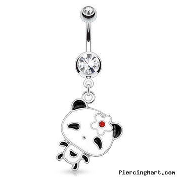 Panda with Large Head And Flower Hair Pin Dangle Surgical Steel Navel Ring