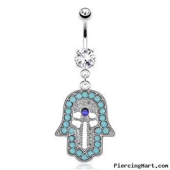 Hamsa with Paved TurquoiseAnd Blue Center CZ Dangle Surgical Steel Navel Ring