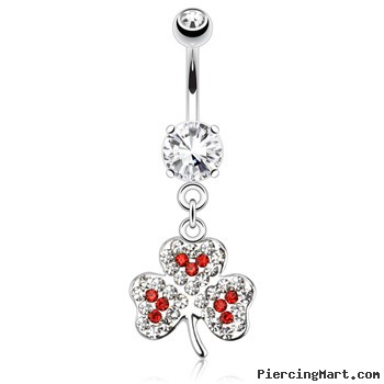 Clover Leaf with Red And Clear Paved Gems Dangle Surgical Steel Navel Ring