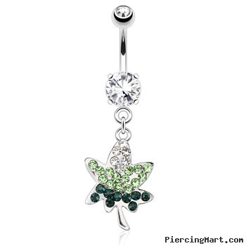 Pot Leaf with Green Paved Gems Dangle Surgical Steel Navel Ring