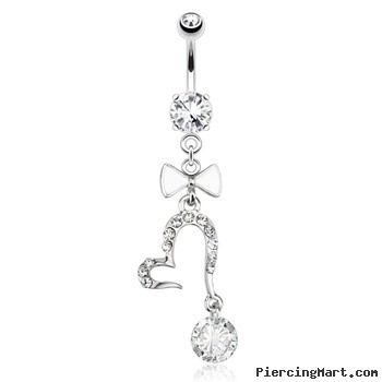 Open Heart with Large Gem And White Enamel Bow Tie Dangle Surgical Steel Navel Ring