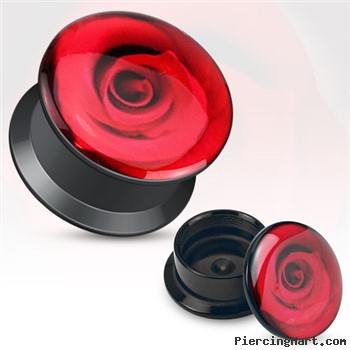 Pair Of Red Rose Print Black Acrylic Flat Screw Fit Plugs