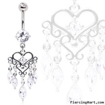 Surgical Steel Gemmed Chandelier Heart Dangle Navel Ring