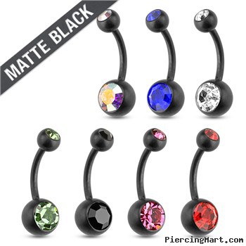 Matte Black Surgical Steel Navel Ring With Double Jewels