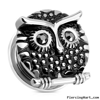 Pair Of Owl with Gemmed Black Eyes Surgical Steel Screw Fit Plugs