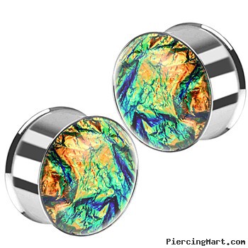 Pair Of Stainless Steel Multi-Colored Foil Double Flared Plugs