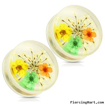 Pair Of Yellow Dried Flower Clear Acrylic Saddle Fit Plugs