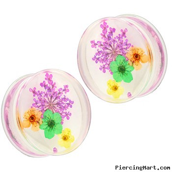 Pair Of Purple Dried Flower Clear Acrylic Saddle Fit Plugs