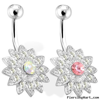 Paved Gems Flower with Center CZ Surgical Steel Navel Ring