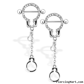 Pair Of Clear Gem Paved Nipple Rings with Dangling Handcuffs