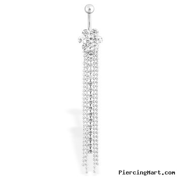 Jeweled Flower Belly Ring with Long Dangling Accent