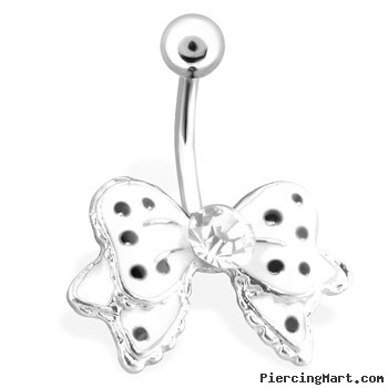 Classy Black & White Bow Belly Ring with Clear Gem, 14 Ga