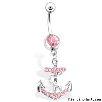Jeweled Belly Ring with Simple Dangling Anchor, 14 Ga