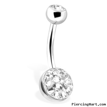 Belly Ring With Gem Paved Bottom Dome Ball And Gem Set Top Ball, 14 GA