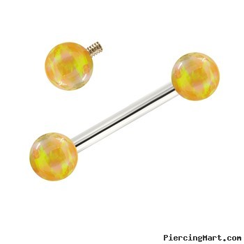 14K White Gold Internally Threaded Straight Barbell With Yellow Opals