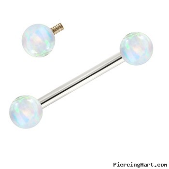 14K White Gold Internally Threaded Straight Barbell With White Opals