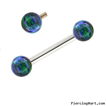 14K White Gold Internally Threaded Straight Barbell With Bluegreen Opals