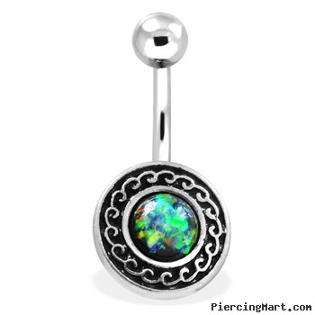 Navel Ring With Multicolor Opal And Tribal Shield